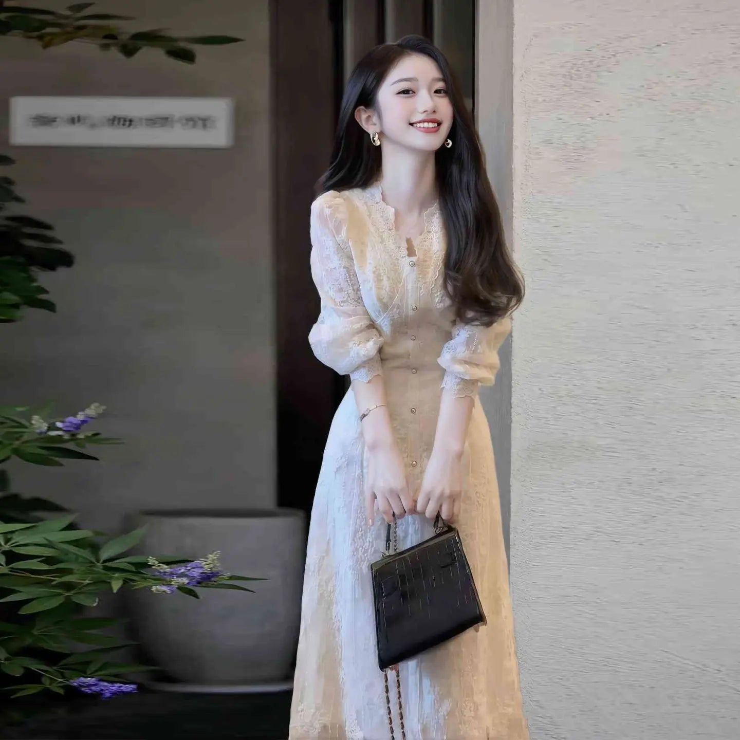 Elegant Lace Embroidered A-Line Dress with Long Sleeve for Women
