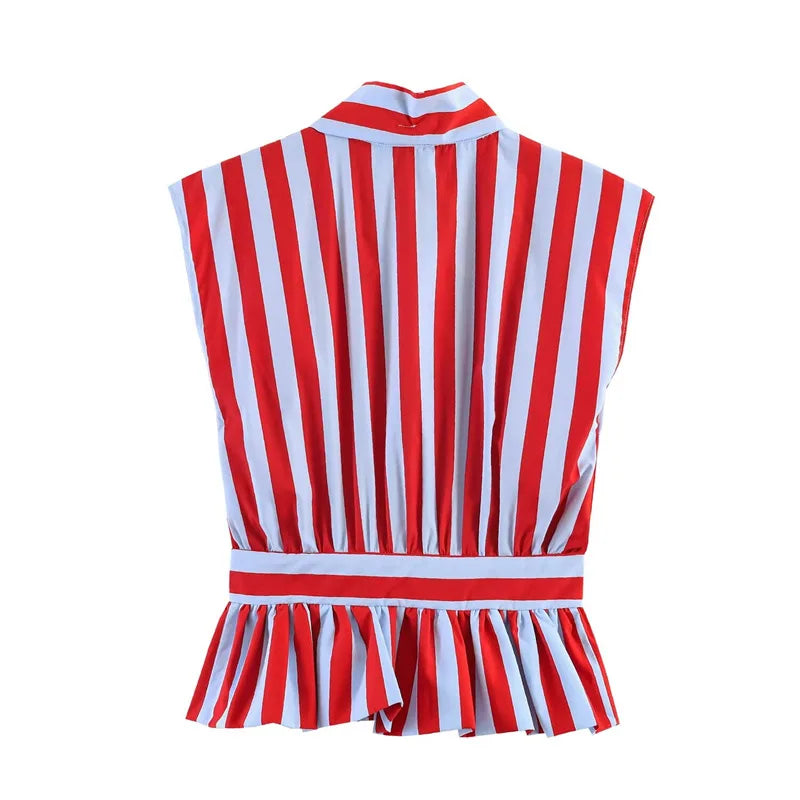 Chic Striped Sleeveless Bow Tie Collar Blouse for Women