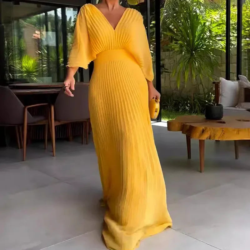 Solid Color V-Neck Bat-Sleeve High-Waisted Dress for Women