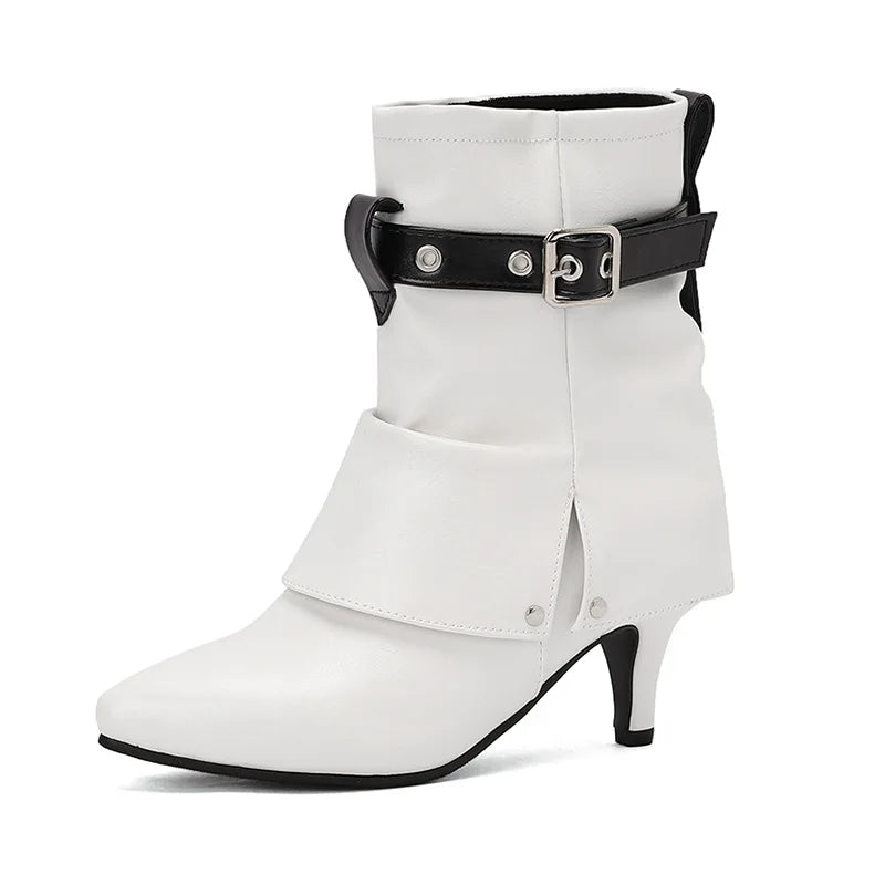 Western Style Denim Autumn Pointy Toe Ankle Boots With Belt Buckle for Women