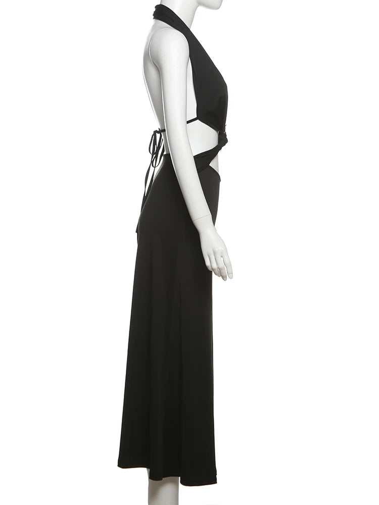 Weird Puss Metal Rings Patchwork Dress women Halter Low-Neck Bandage Backless Sexy Robe Vacation Midnight Club Party Outfits