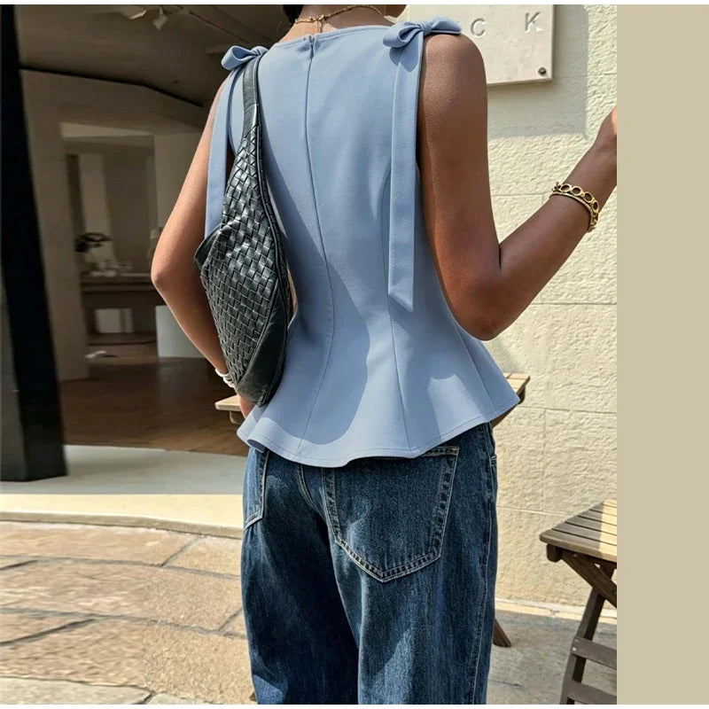 Lace Up Bow Detail Round Neck Sleeveless Top For Women