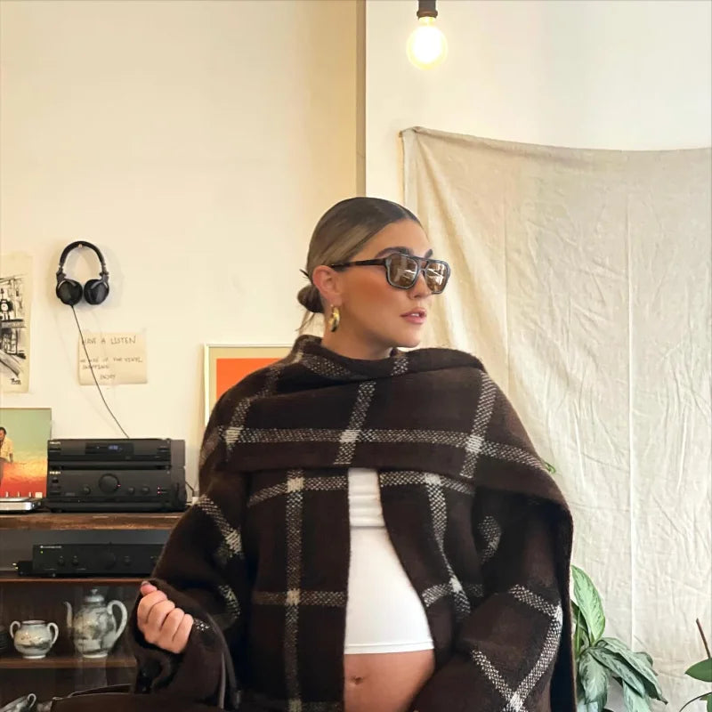 Plaid V-Neck Knit Cardigan With Double Pockets For Women