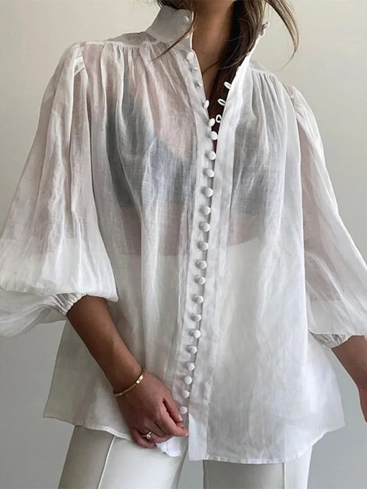 Elegant White Stand Collar Puff Sleeve Blouse for Women