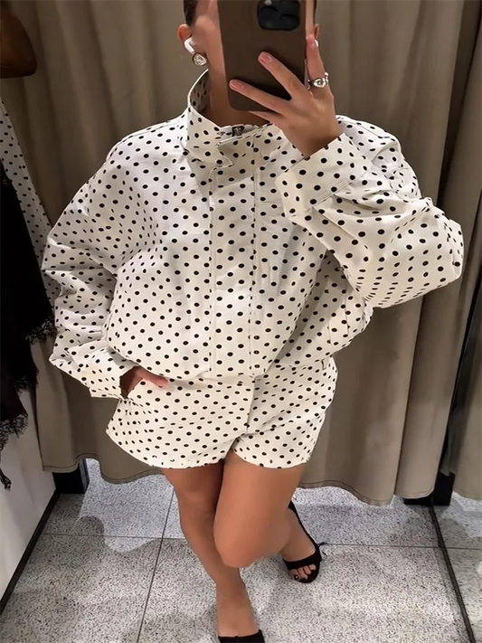 Loose Polka Dot Zipper Women's Shorts Set Stand Collar Patchwork Full Sleeve Pockets Jacket Tie Up Short Pant Suit Summer Outfit