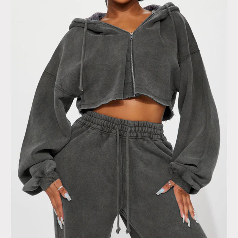 Hooded Cropped Sweatshirt And Long Pants Set for Women