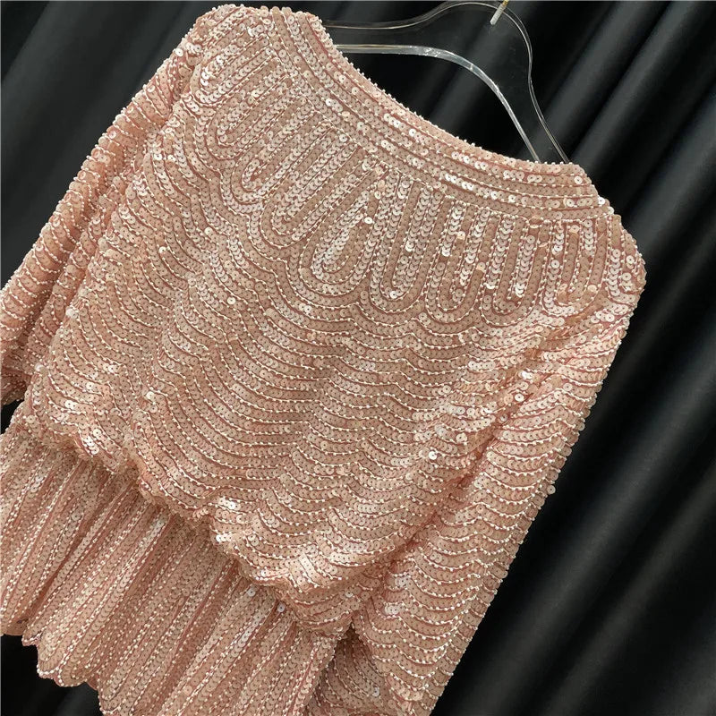 Ladies New Heavy Handmade Bling Beaded Sequins Batwing Sleeve Top Slimming Oversized Blouse Elegant Nightclub Pullover Shirts