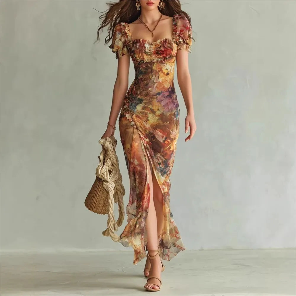 Elegant Lace Print Square Neck Tube Dress for Women