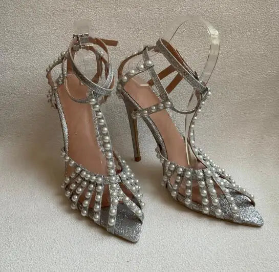 Silver Glitter Pearl Decor T Strap Sandals for Women