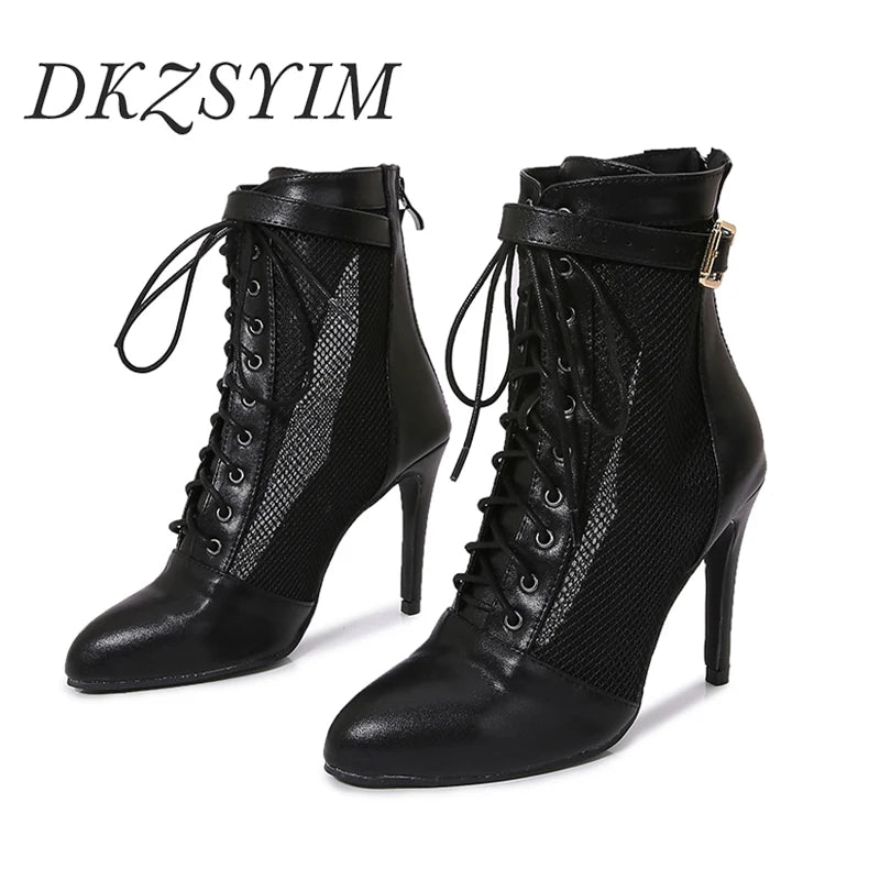 Black Mesh Latin Dance Booties With High Heels for Women
