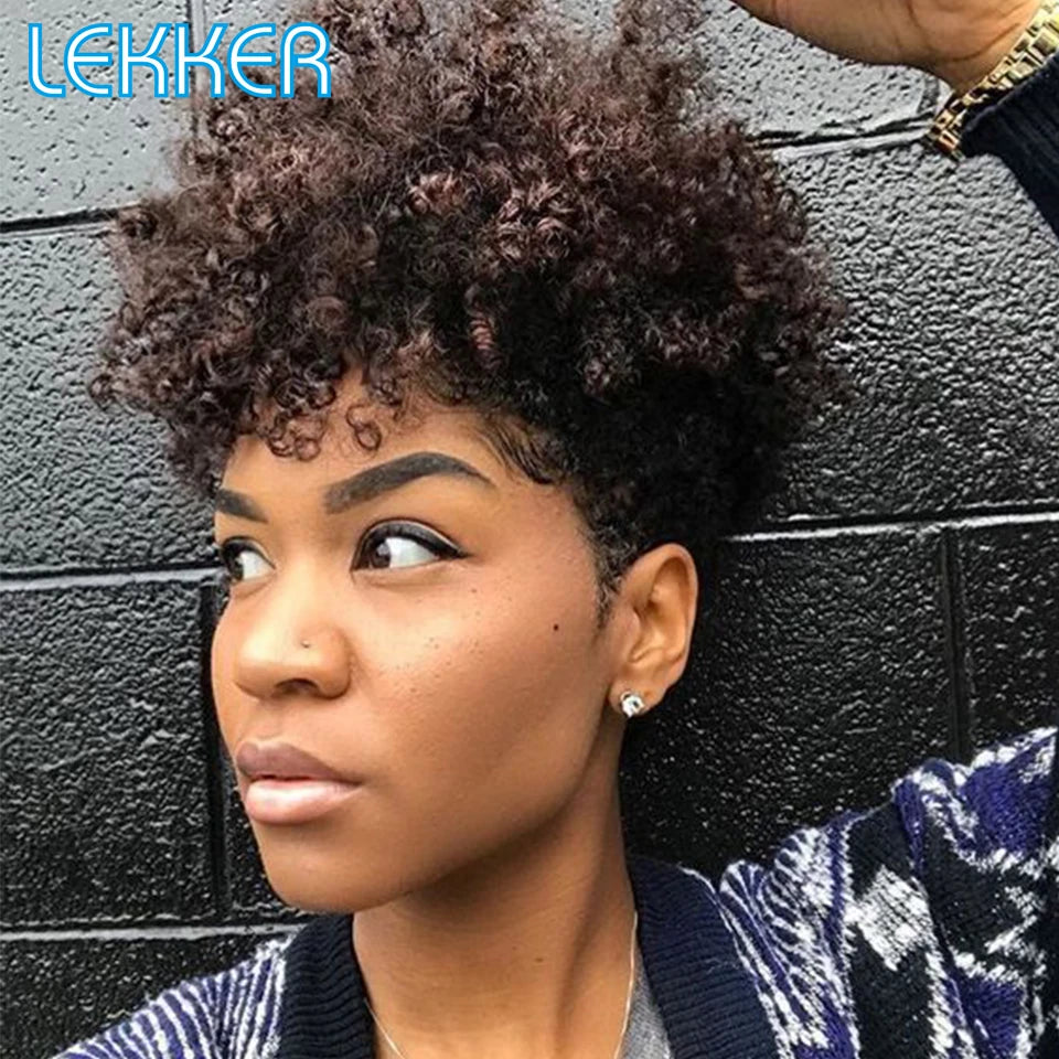 Short Kinky Curly Pixie Bob Human Hair Wig for Women
