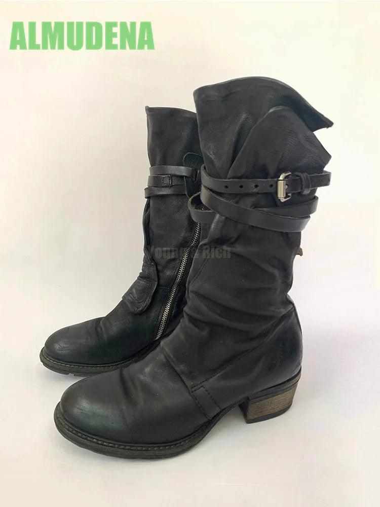 Black Minimalist Soft Leather Side Zipper Mid Calf Boots For Women