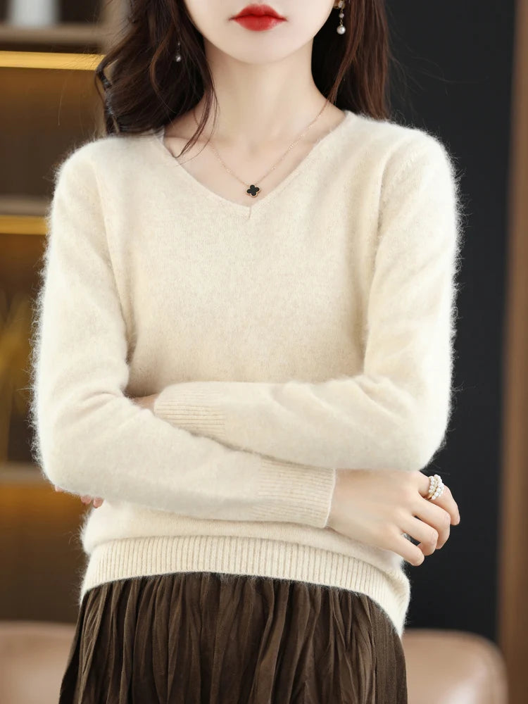 Soft Warm Loose Fit V Neck Cashmere Sweater for Women