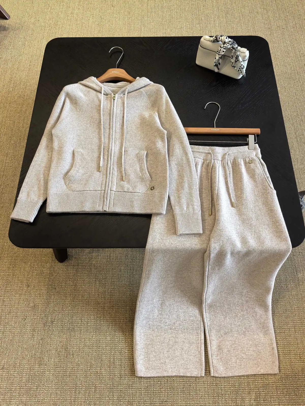 Hooded Knit Two Piece Set With Elastic Waist Pants For Women
