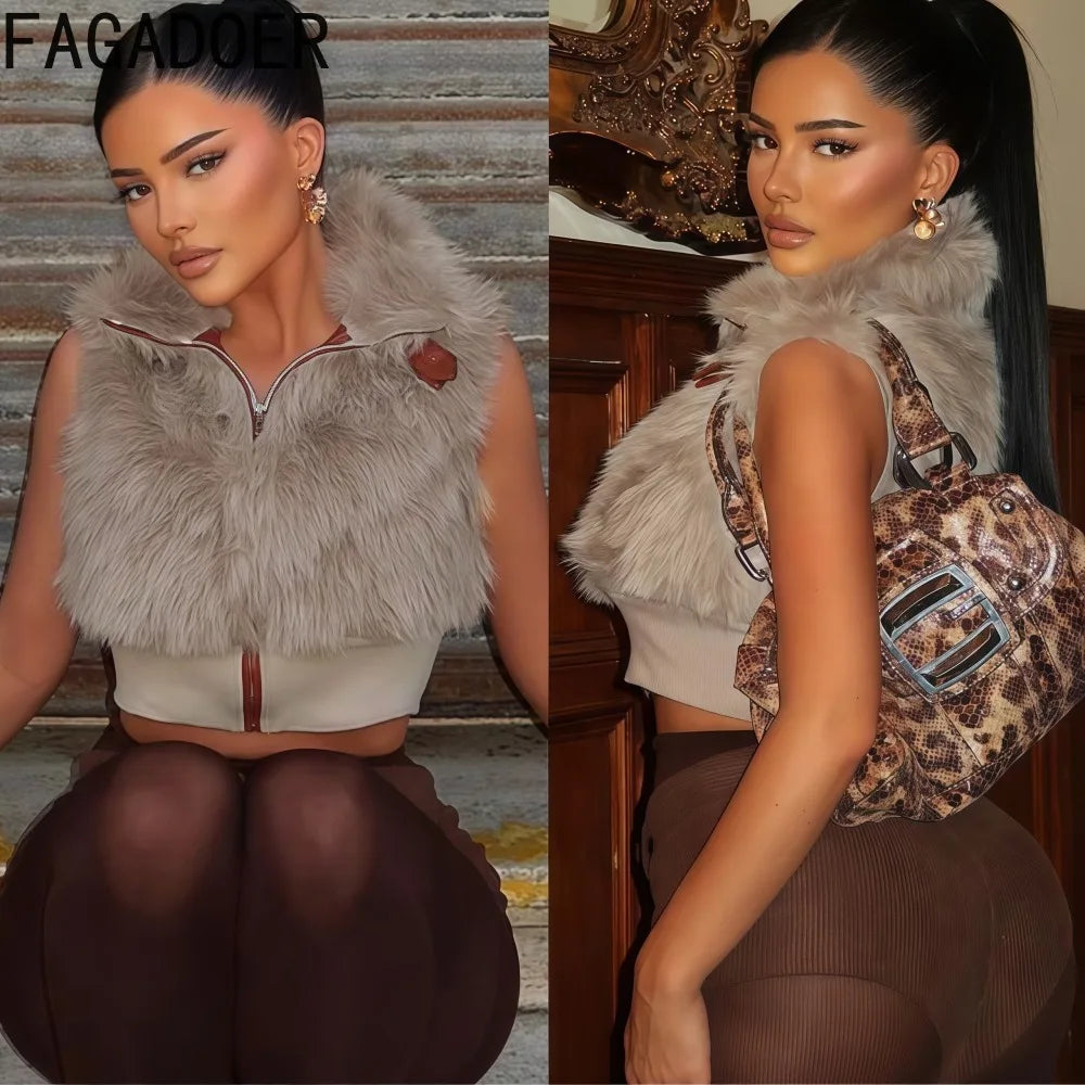 Faux Fur Patchwork Sleeveless Zipper Vest for Women