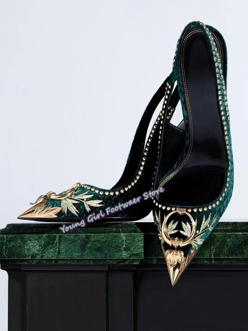 Embroidered Green Sandals With Metal Buckle And Back Strap for Women