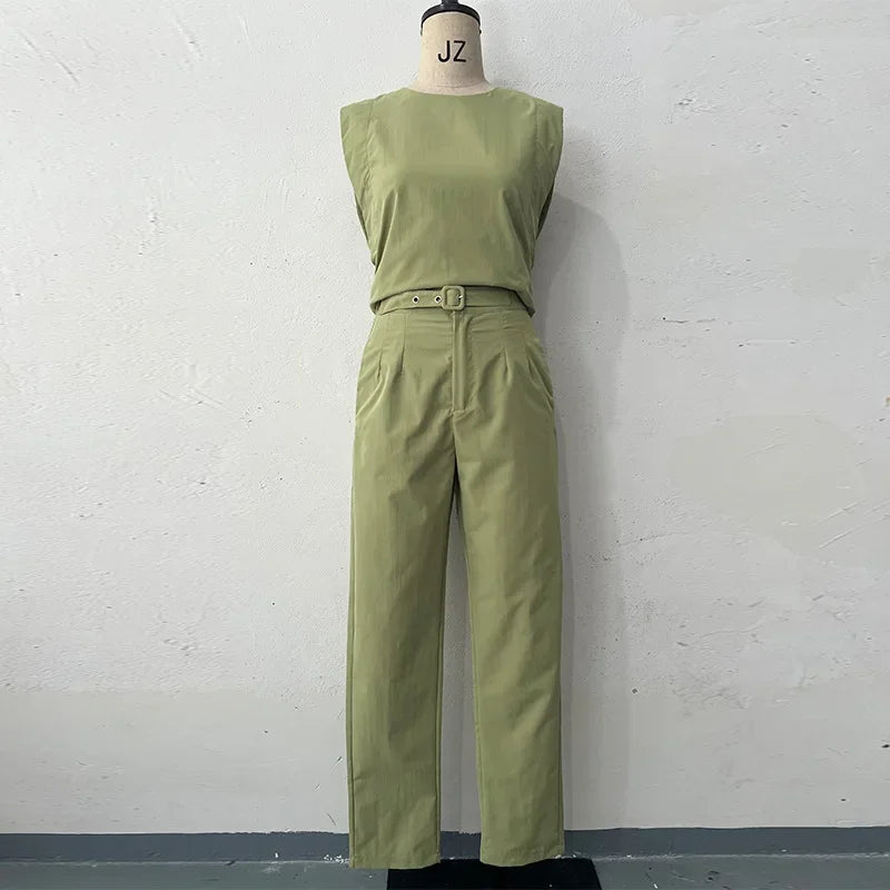 Fashion Women's Two Piece Set New Solid Round Neck Sleeveless Top and High Waist Pants Suit for Female Streetwear 2024 Summer