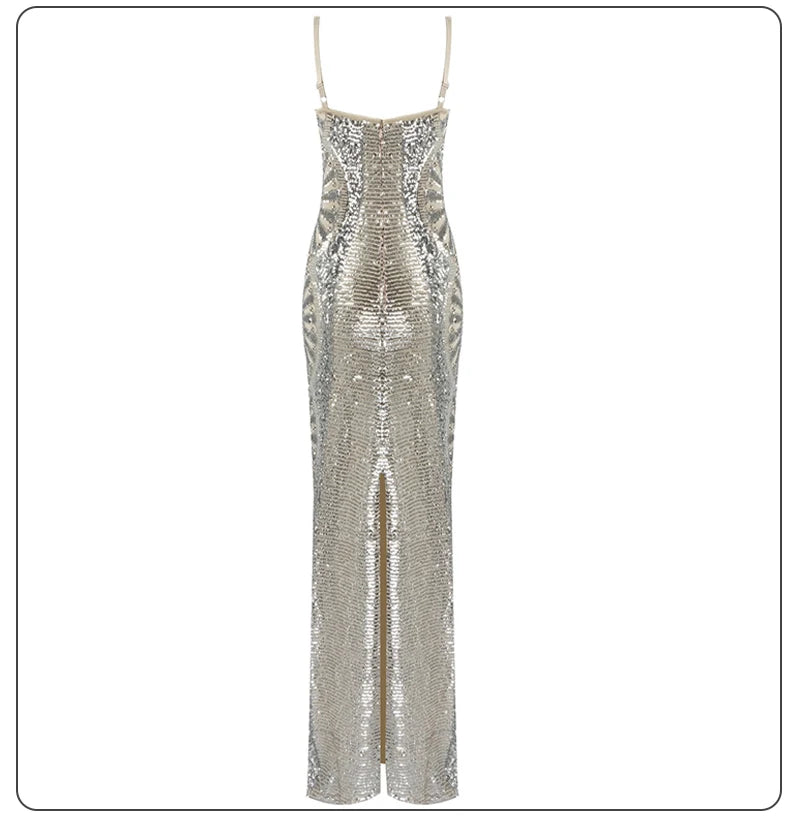 Sequined Ruffle Maxi Slip Dress with V Neck for Women