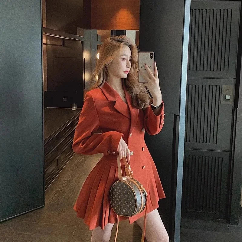 Elegant Double-Breasted Suit Dress Skirt Style Polyester Fiber Full Sleeve Regular Neckline Empire Waist Midi Length Dress