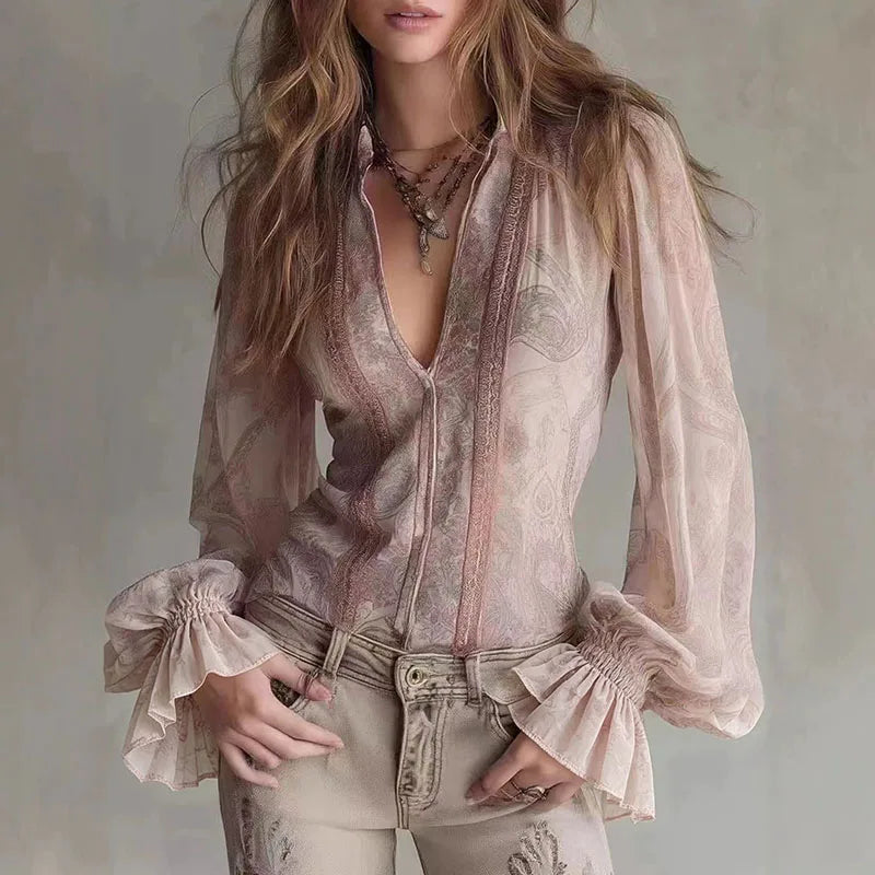 Retro Lace Trim Sheer V-Neck Lantern Sleeve Blouse for Women