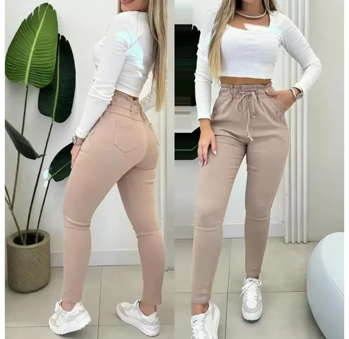 Casual Skinny Pants Women Fashion Drawstring Waist Button Decor Lined High Waist Pocket Daily Trousers Y2k 2024 Spring Autumn
