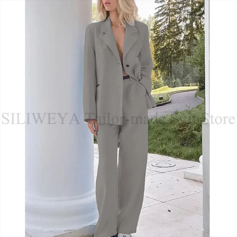 Single Breasted Light Blue Two Piece Blazer Set For Women