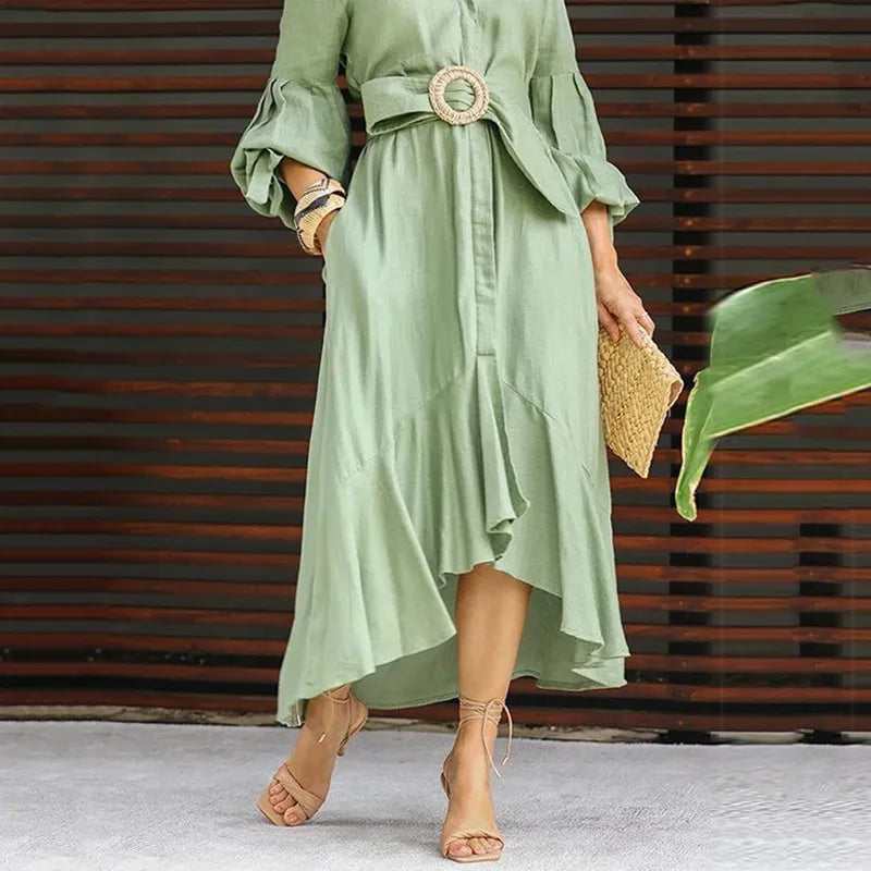 Casual Summer Dress With Turn Down Collar And Pockets for Women