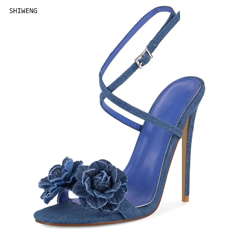 Denim Rose Floral Open Toe Adjustable Ankle Strap Stiletto Sandals for Women