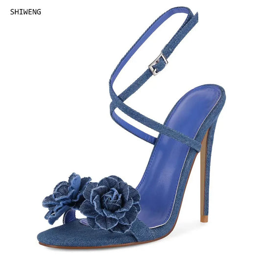 Blue Floral Stiletto Sandals