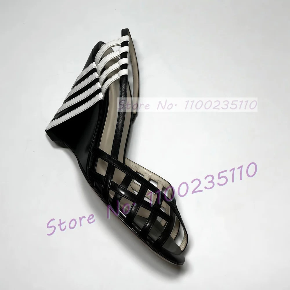 Two Tone Peep Toe Cross Strap Wedge Sandals For Women