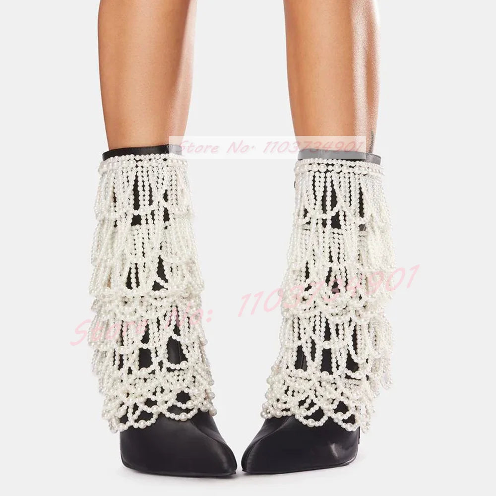 Pearl Chain Embellished Satin Mid Calf Pointed Toe Boots for Women