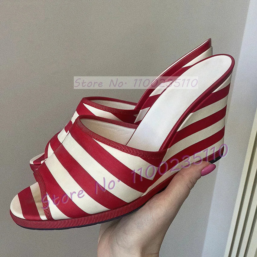 Elegant Red Stripe Canvas Open Toe Wedge Mules For Women