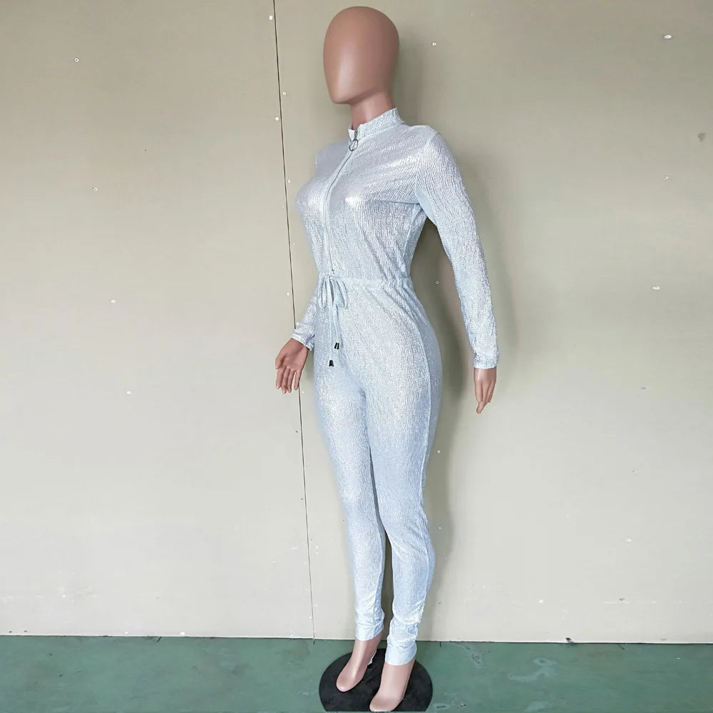 Elegant Silver Metallic Zippered Club Jumpsuit For Women