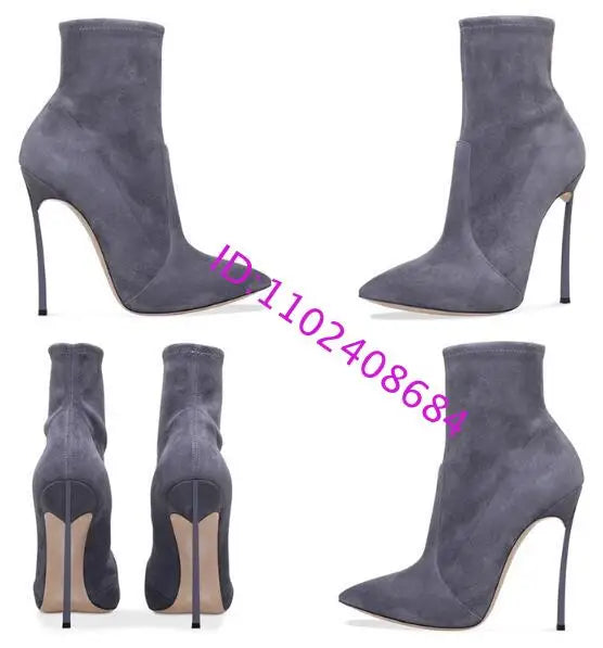 Spike High Heel Woman Ankle Boots Large Size Custom New Suede Pointed Toe High-Heeled Sexy Stretch Short Woman Boots