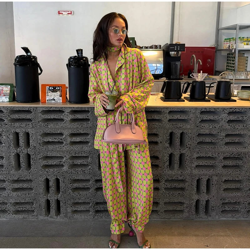Geometric Printed Wide Leg Loose Pants Set for Women