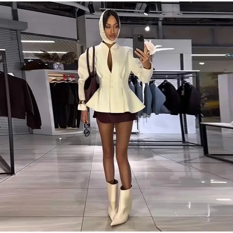 Elegant Stand Collar with Button Front Blazer for Women
