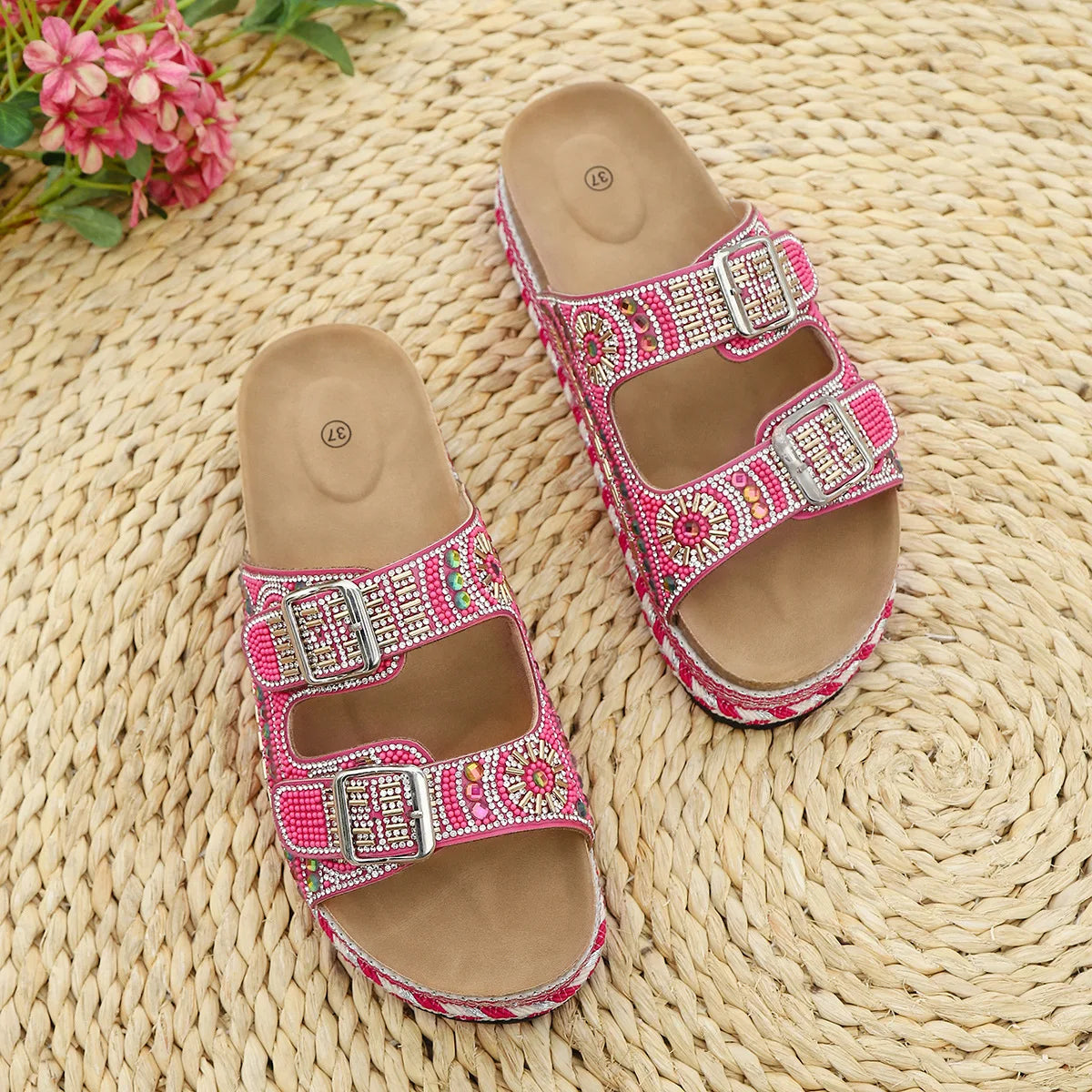 Bohemian Rhinestone Embroidered Platform Sandals For Women