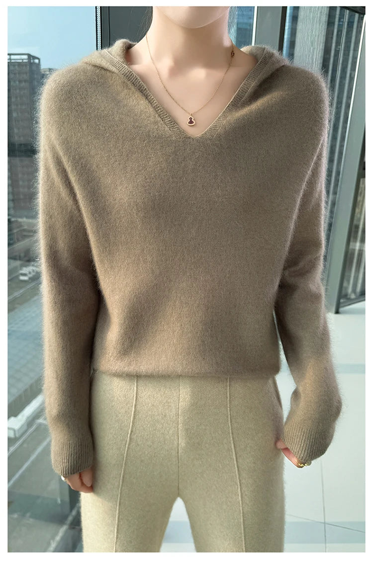 Loose Fit Thick Knit Hooded V-Neck Sweater for Women