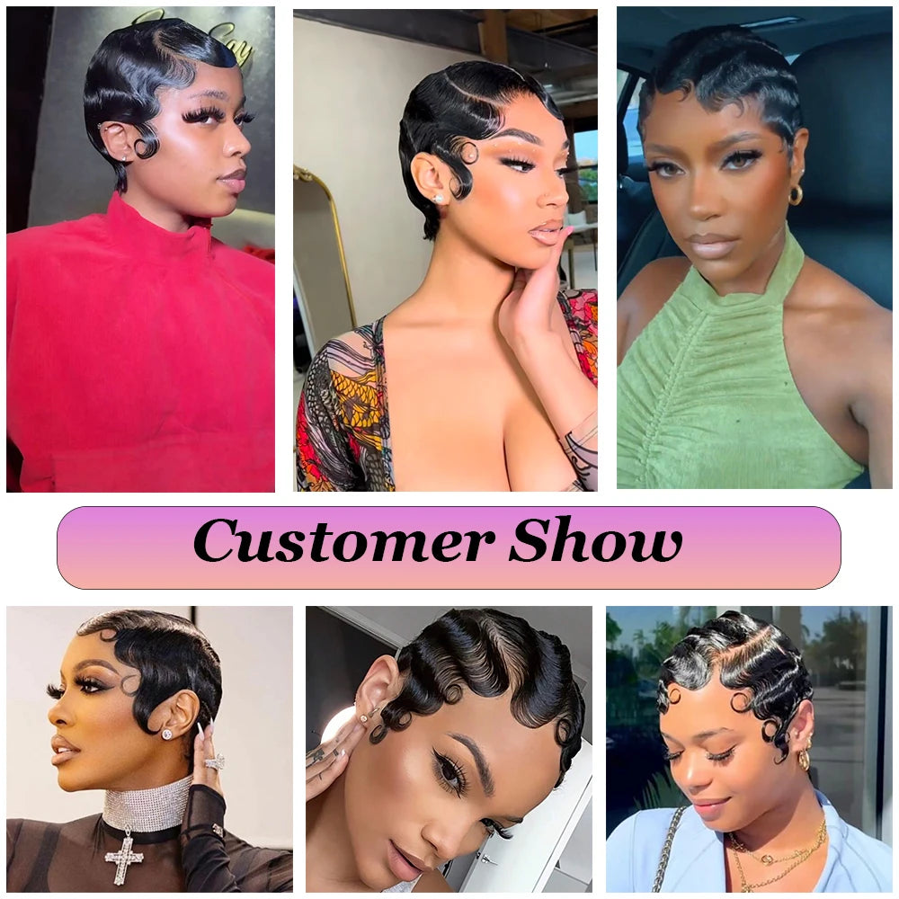 Short Finger Wave Premium Remy Human Hair Wig for Women