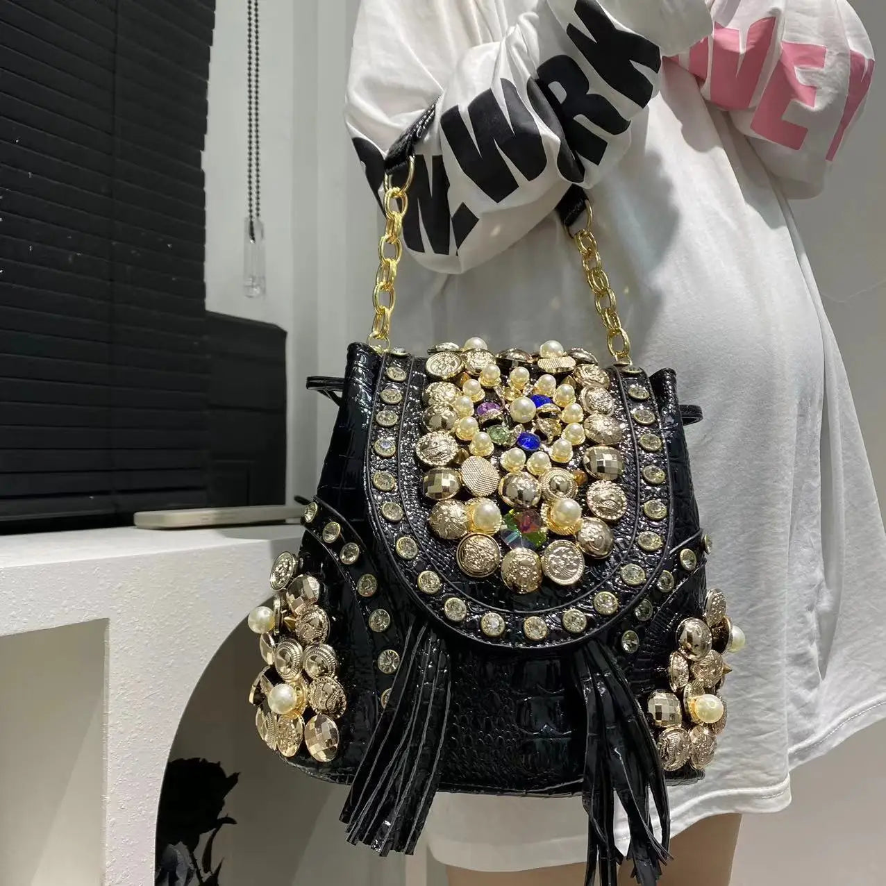 Women's New Backpack Elegant Diamond-encrusted Backpacks Multi-functional Beaded Trendy Crossbody Bucket Bag Large Capacity