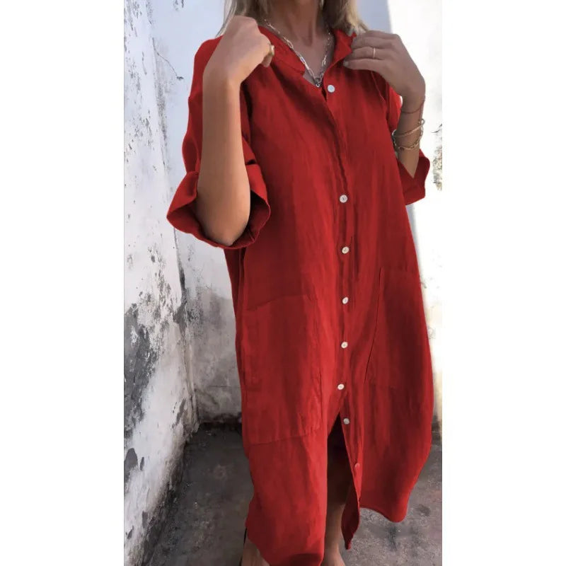 Loose Mid Calf Single Breasted Shirt Dress With Pockets For Women
