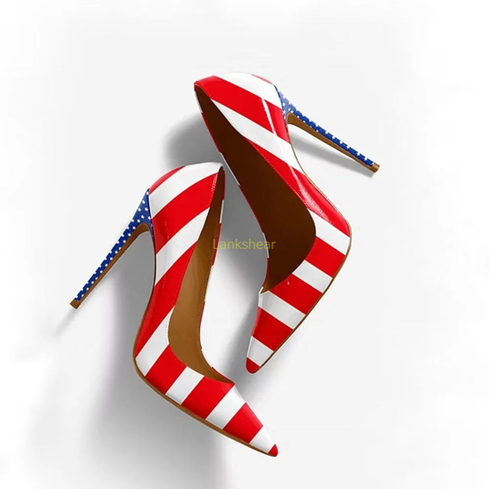 American Flag Print Pointed Toe Stiletto Pumps for Women