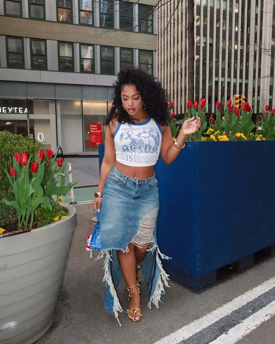 Distressed High Waist Denim Skirt With Irregular Hem For Women