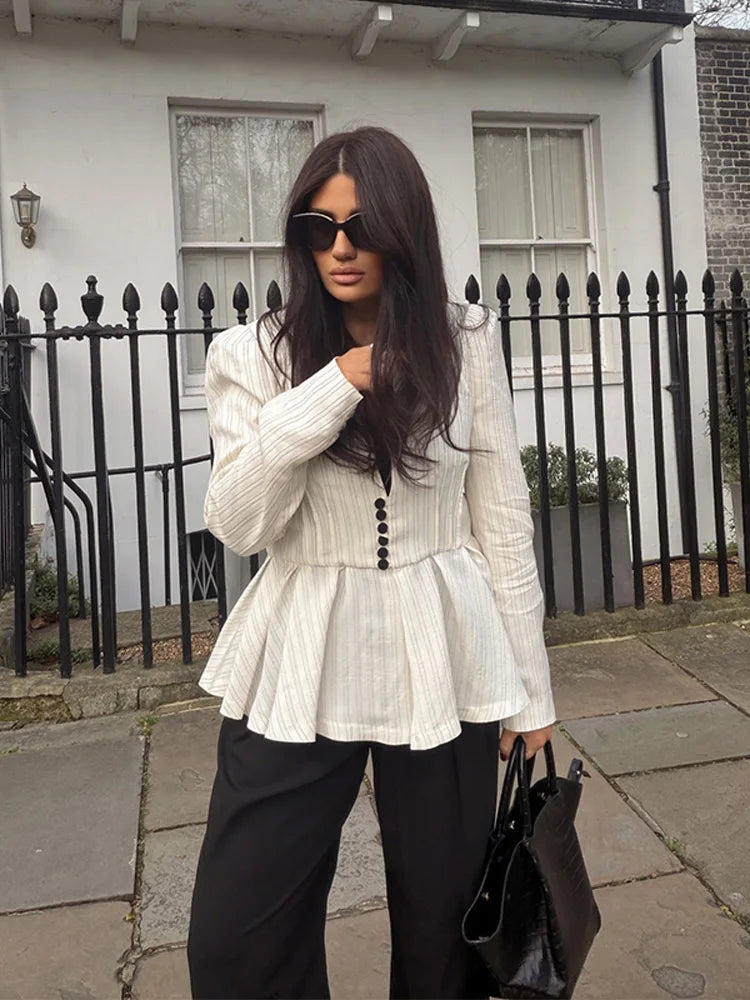 Casual Striped V Neck Ruffle Two Piece Set for Women