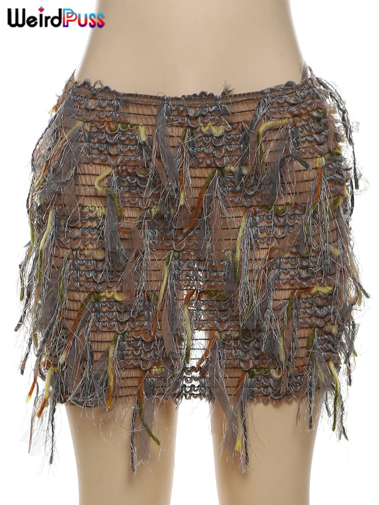 Colorful Tassel Stretch Knit Bodycon Maxi Skirt for Women