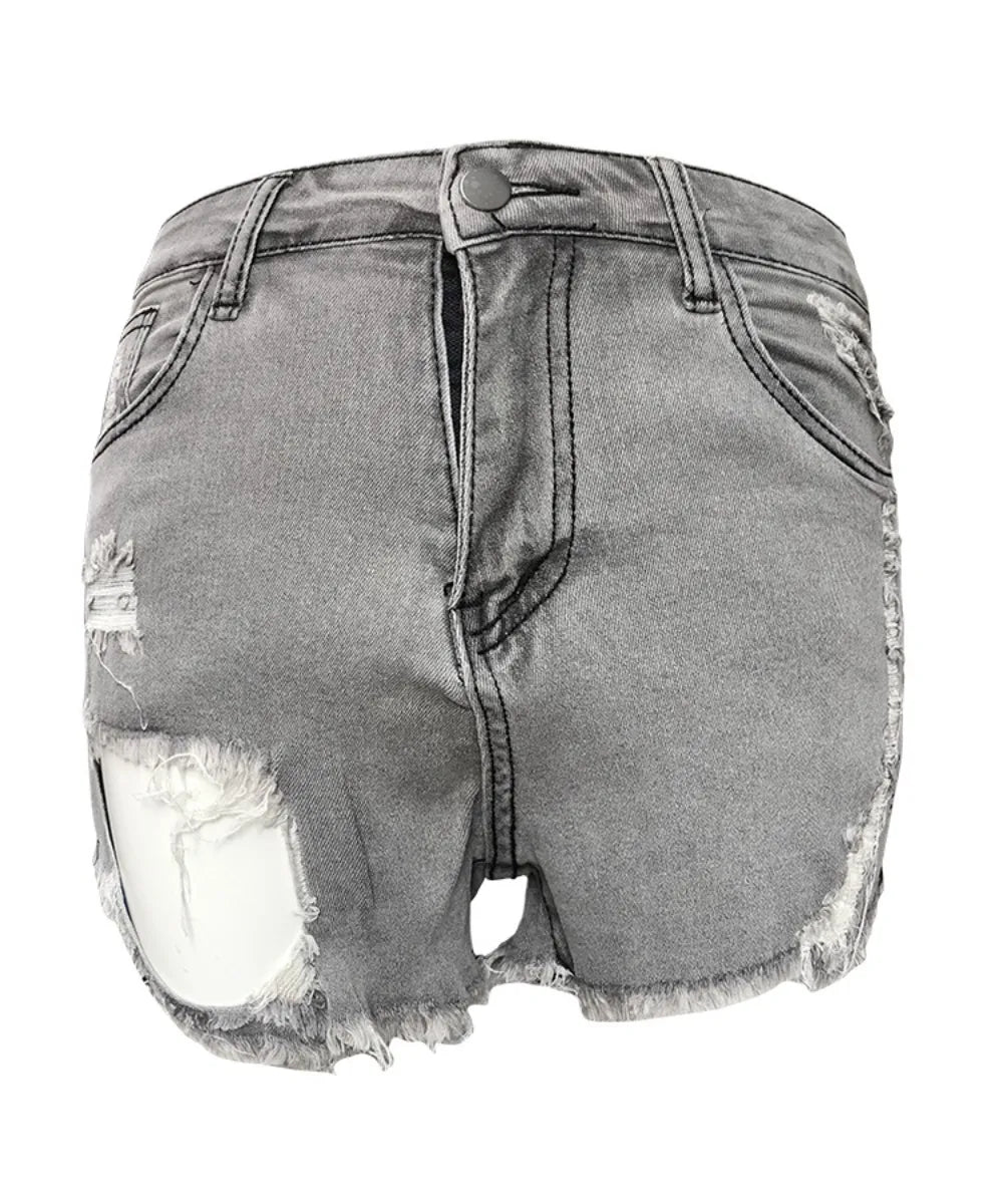 FAGADOER Gray Fashion Street Style Women High Waisted Button Denim Shorts Casual Female Solid Color Hole Matching Bottoms 2023