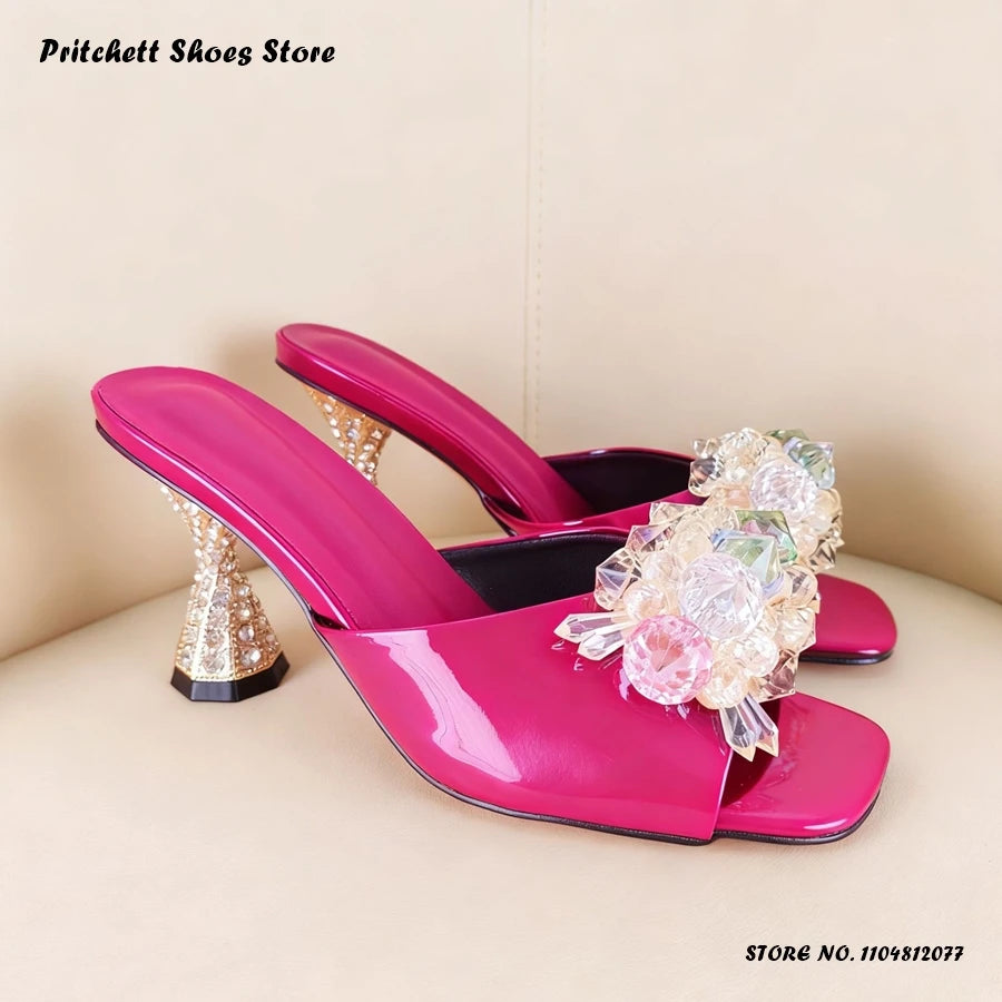 Sleek Patent Leather Square Open Toe Mules With Crystal Trim For Women