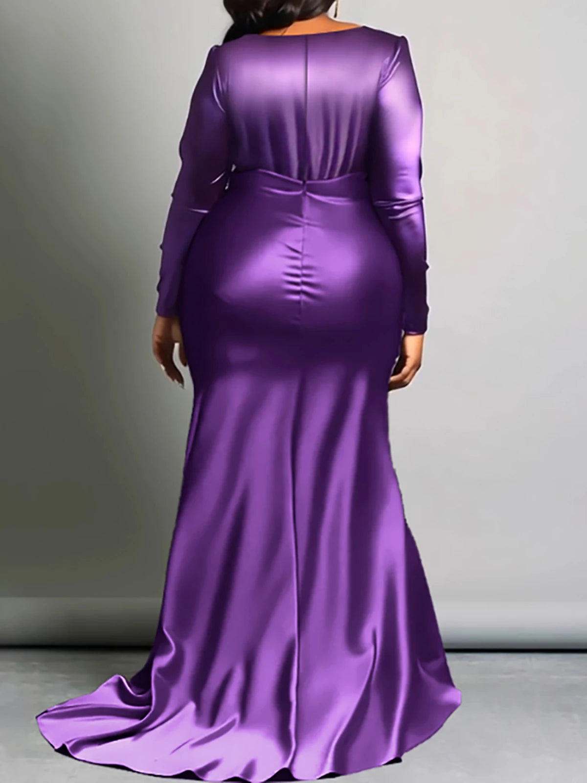 Plus Size Solid V-Neck Long Sleeve High Waist Fishtail Evening Gown For Women