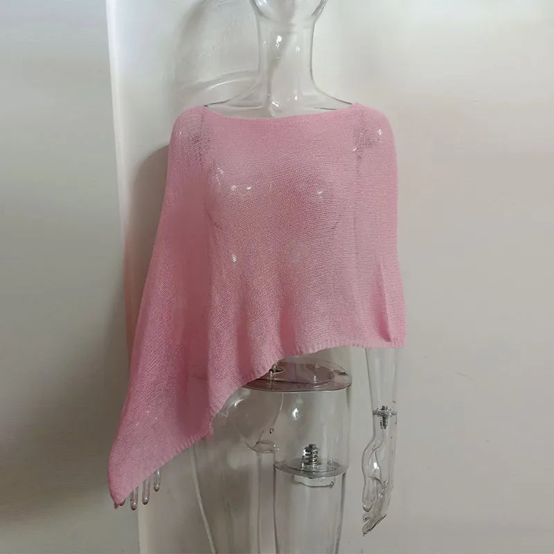 Sheer Knit O Neck Asymmetrical Loose Blouse for Women