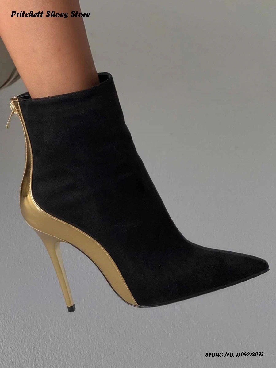 Patchwork Leather Trimmed Pointed Toe Ankle Boots for Women